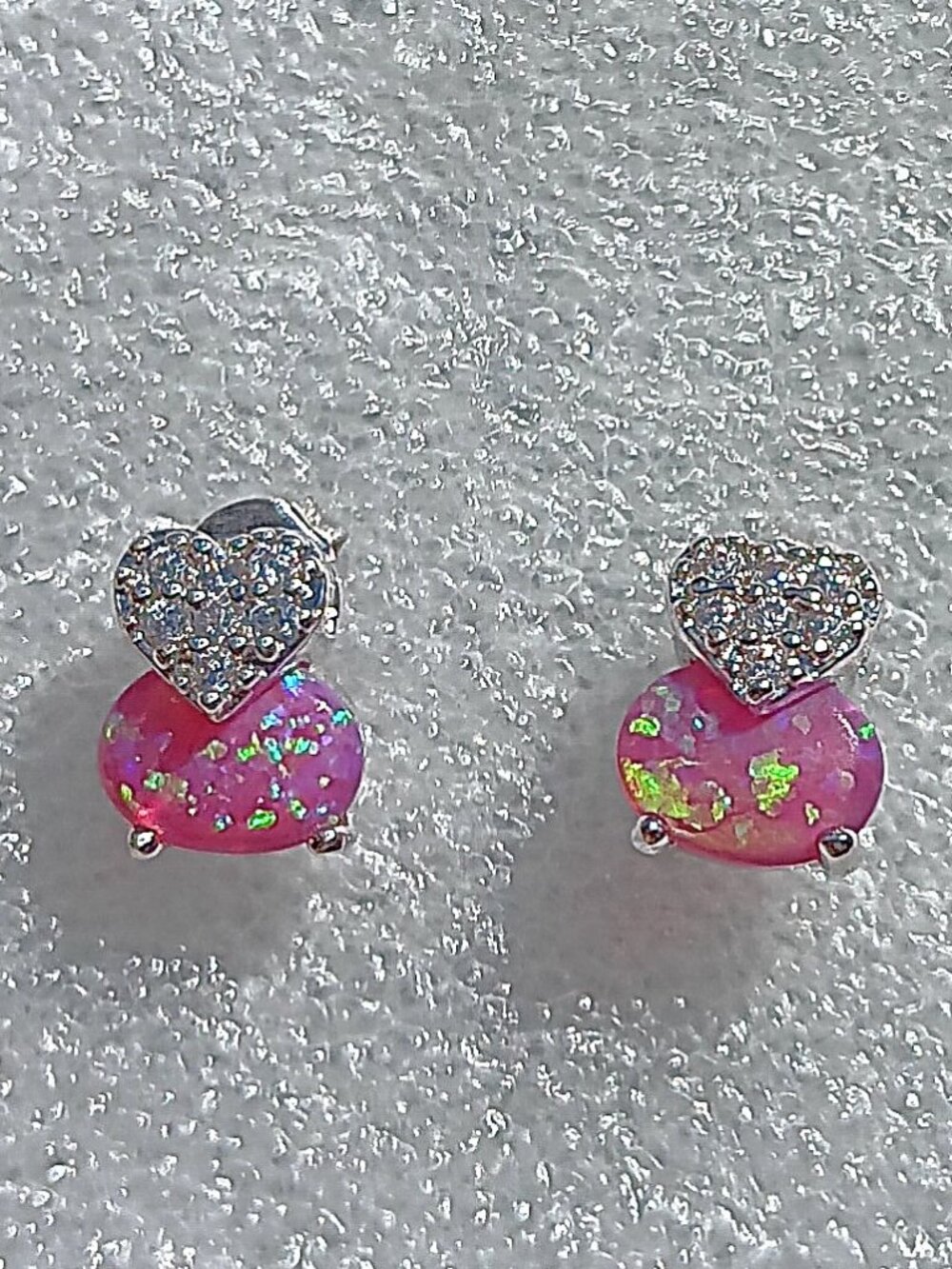 New - Pink Fire Opal With White Topaz Hearts Stud Earrings